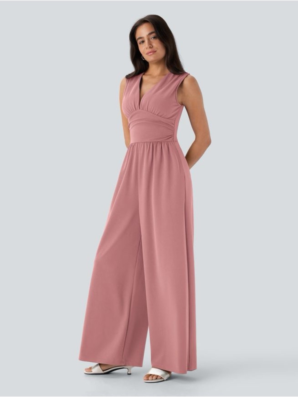 13HBB.- V Neck Sleeveless Ruched Pocket Jumpsuit-Easy Peezy. - Picture 3 of 5